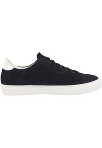 Low-top black suede sneaker with black laces, white heel tab, and thick white rubber sole, shown in side profile.