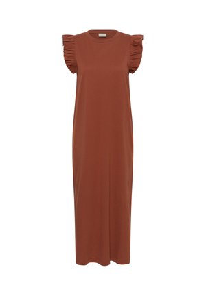 Ärmelloses, rostfarbenes Midikleid mit gerafften Cap-Ärmeln und rundem Ausschnitt, vor weißem Hintergrund präsentiert.
