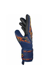 Guanto da portiere in blu navy con palmo in lattice nero testurizzato, motivi di accentuazione arancione e giallo, e supporto per il polso esteso con grip.