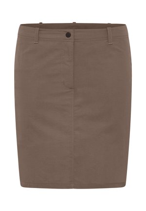 Brauner knielanger Rock aus glattem Stoff, mit einer Vordertasche, Gürtelschlaufen und einem einzelnen Knopfverschluss.