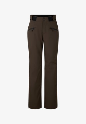 Brown waterproof pants made of synthetic material. Features a straight-leg design, two zippered front pockets, and a stretchy waistband.