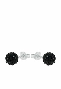 Pendientes de botón de cristal negro con forma redonda, que cuentan con una superficie facetada y postes de metal en tono plateado. Acabado texturizado y brillante.