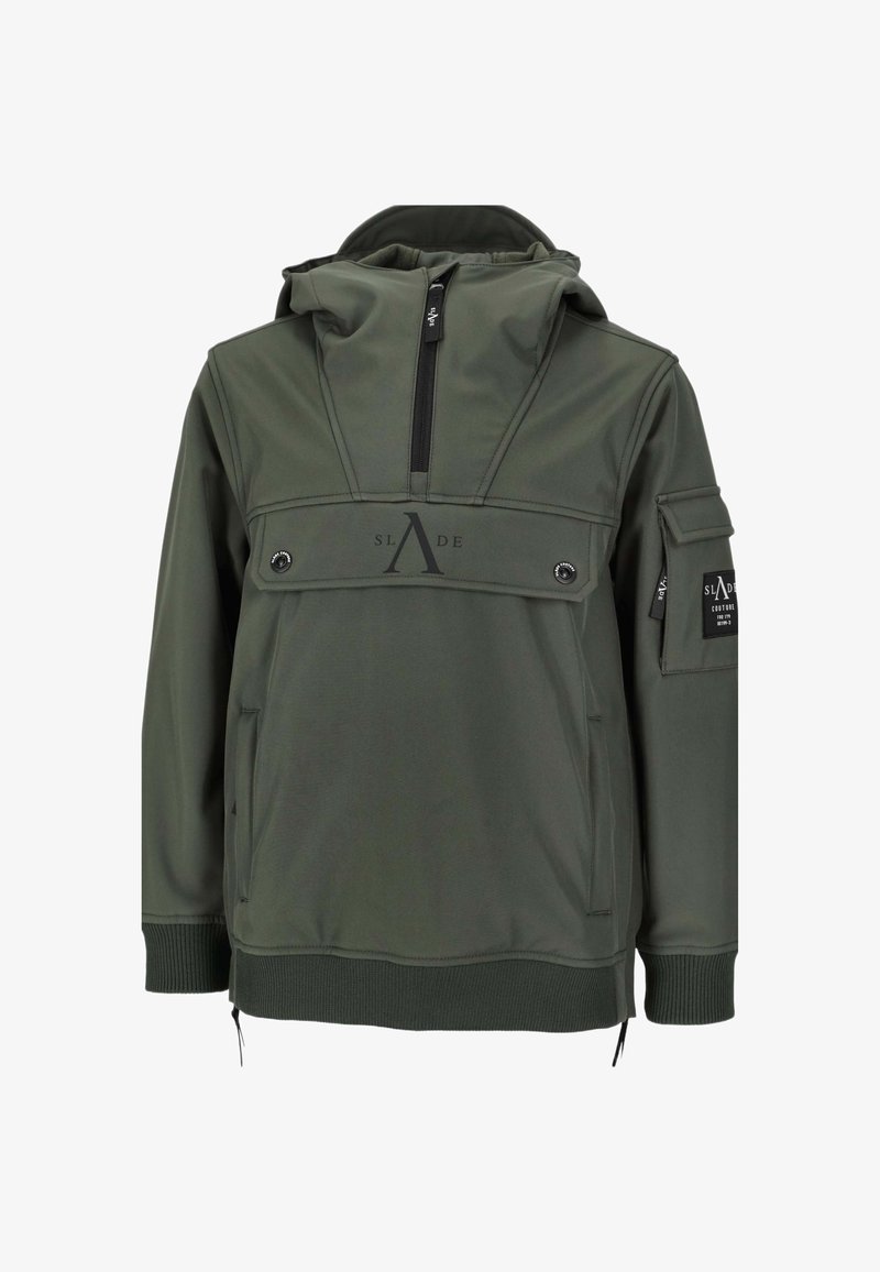 Olivgrüner Kapuzenpullover mit halbem Reißverschluss, elastischen Bündchen und Seitenteilen mit Reißverschluss. Verfügt über eine Fronttasche mit Markenlogo und Patch-Detail.