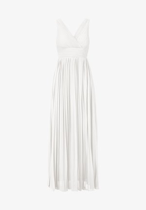 Witte, lange jurk tot op de vloer met een geplooid ontwerp, V-hals en brede bandjes. Gemaakt van vloeiende stof voor een zachte textuur en elegante val.