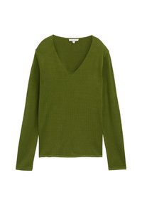 Top de manga larga color verde oliva con escote en V profundo, fabricado con tela texturizada, que presenta un ajuste relajado y dobladillo recto sin elementos visibles.