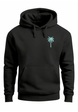 Black hoodie made of soft fabric, featuring a front pocket and a mint green palm tree graphic on the left chest area.