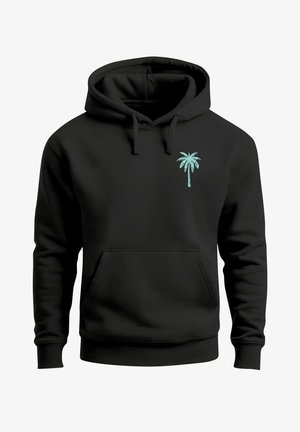 Black hoodie made of soft fabric, featuring a front pocket and a mint green palm tree graphic on the left chest area.