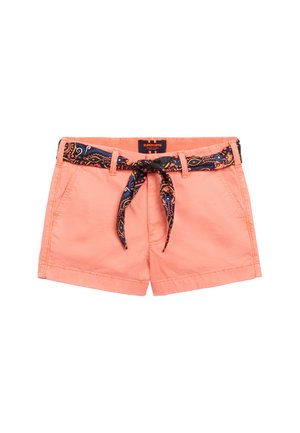 Roze katoenen shorts met een decoratieve broekriem in marineblauw met een patroon. Heeft een klassieke pasvorm en bevat voorzakken.