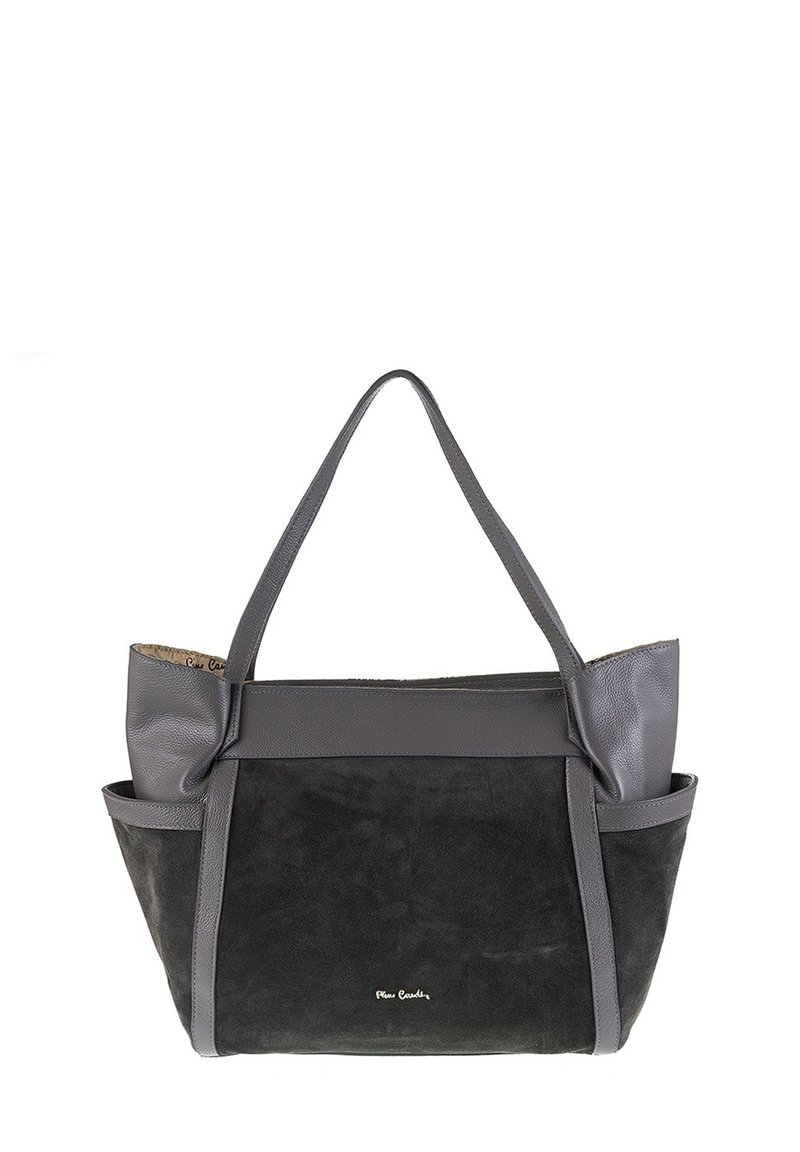 Borsa a tracolla in pelle e camoscio grigia con due manici robusti, caratterizzata da un esterno testurizzato e un design semplice. Include tasche laterali.