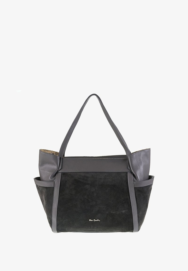 Borsa a tracolla in pelle e camoscio grigia con due manici robusti, caratterizzata da un esterno testurizzato e un design semplice. Include tasche laterali.