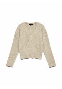 Pull beige côtelé à enfiler de style cache-cœur avec manches longues et décolleté en V profond, doté d'une taille ajustée et d'épaules décontractées.