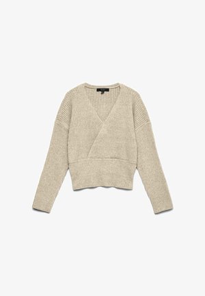 Beige ribgebreide trui in wikkelstijl met lange mouwen en een diepe V-hals, voorzien van een getailleerde tailleband en ontspannen schoudernaden.