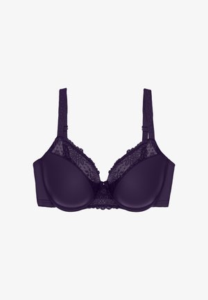 Soutien-gorge violet avec un revêtement en dentelle florale sur les bonnets, bonnets rembourrés lisses avec armatures, bretelles réglables et une fermeture à crochets au dos.
