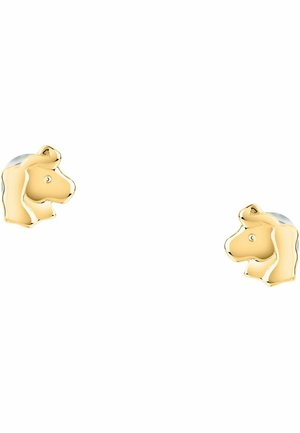 Goldfarbene Einhorn-Steckerohrringe mit erhabenem Design, das glatte Oberflächen und abgerundete Kanten aufweist, wodurch die charakteristischen Merkmale des Einhorns hervorgehoben werden.