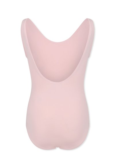 Bodysuit rose clair avec un dos plongeant, présentant un design sans couture et des fines bretelles. Fabriqué en tissu lisse et extensible pour plus de confort.
