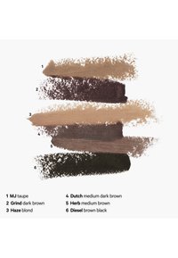 Six numbered swatches of eyebrow powder shades labeled with names and color descriptions, ranging from taupe to brown black on white background.