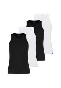 Four tank tops in black and white, featuring a classic design with wide straps and a fitted shape, made from soft cotton material.