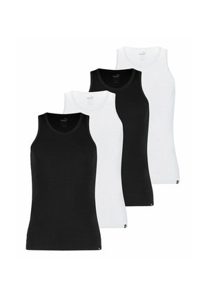 Vier Tanktops in Schwarz und Weiß mit einem klassischen Design, breiten Trägern und einer taillierten Form, aus weichem Baumwollmaterial hergestellt.