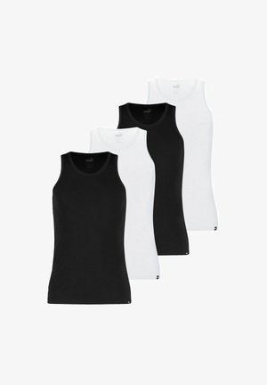 Vier Tanktops in Schwarz und Weiß mit einem klassischen Design, breiten Trägern und einer taillierten Form, aus weichem Baumwollmaterial hergestellt.