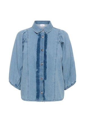 Heledsinine denim särk nupuvajutusega ees, millel on kulunud vertikaalne triip, krae ja puff-siangud. Sile tekstuur.