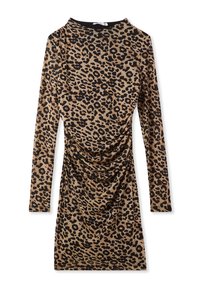 Abito a stampa leopardo in marrone e nero, con maniche lunghe, scollatura a girocollo, dettagli drappeggiati sui lati, realizzato in un tessuto morbido e elasticizzato.