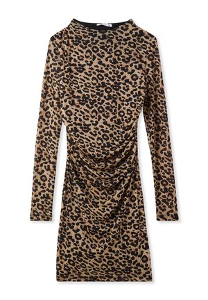Abito a stampa leopardo in marrone e nero, con maniche lunghe, scollatura a girocollo, dettagli drappeggiati sui lati, realizzato in un tessuto morbido e elasticizzato.