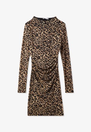 Sukienka w cętkowany wzór w brązowo-czarnych odcieniach, z długimi rękawami, okrągłym dekoltem, drapowanymi detalami po bokach, wykonana z miękkiego, elastycznego materiału.