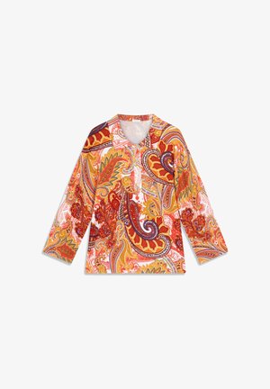 Rode, oranje en gele paisley-print top met lange mouwen, V-hals en een losse pasvorm. Gemaakt van lichtgewicht stof met een gladde textuur.