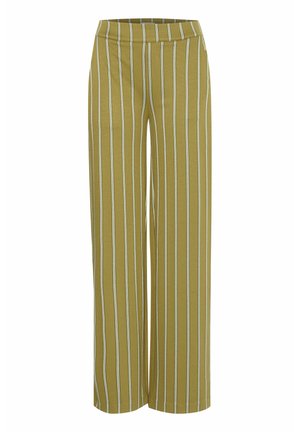 Wide-leg trousers in olive green with vertical white stripes. Made of soft fabric with an elastic waistband for comfort.