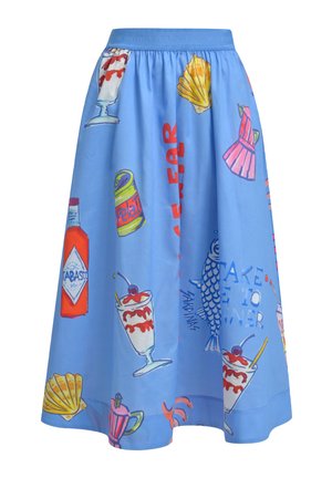 Blauer Rock mit bunten Illustrationen von Lebensmitteln und Getränken, darunter Cocktails, Tabasco-Flasche, Muscheln und Fische, die überall gedruckt sind.