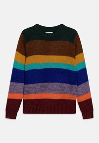 Suéter de punto con cuello redondo, con rayas horizontales en verde oscuro, marrón, dorado, verde azulado, azul, púrpura, naranja y burdeos.