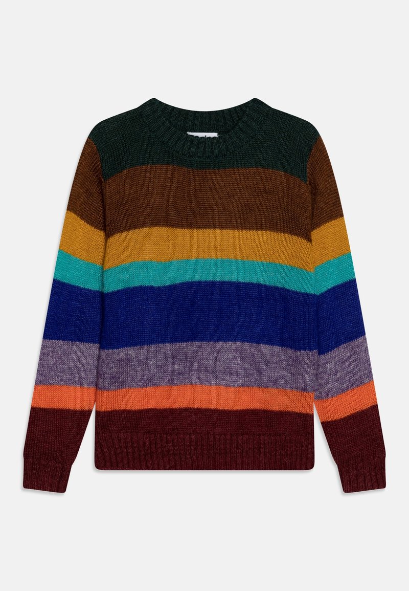 Suéter de punto con cuello redondo, con rayas horizontales en verde oscuro, marrón, dorado, verde azulado, azul, púrpura, naranja y burdeos.