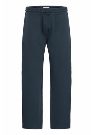 Navy sweatpants made of soft fabric, featuring an elastic waistband with a drawstring, side pockets, and a straight-leg design.