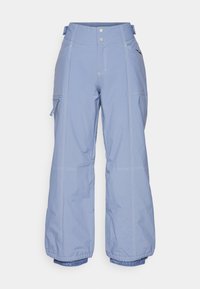 Light blue snow pants made of durable material, featuring a high waist, two buttons, zippered side pockets, and elastic cuffs.