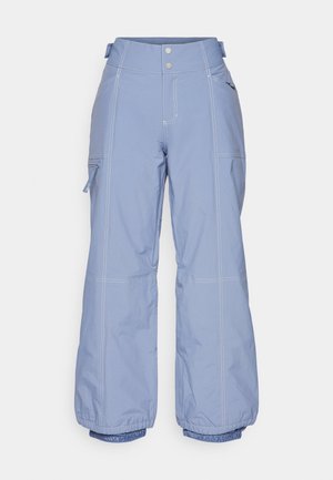 Light blue snow pants made of durable material, featuring a high waist, two buttons, zippered side pockets, and elastic cuffs.