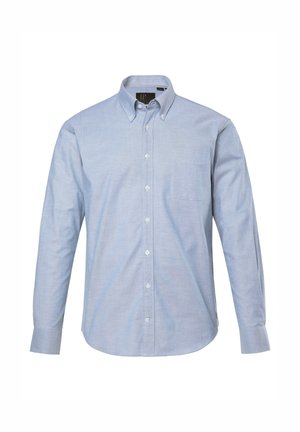 Helles blaues Hemd mit langen Ärmeln, einem Kragen und einer einzelnen Brusttasche. Hergestellt aus einem strukturierten Stoff. Schlicht ohne Muster.