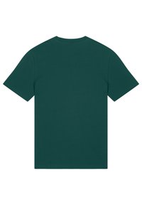 Dunkelgrünes T-Shirt mit kurzen Ärmeln und Rundhalsausschnitt; aus weichem Stoff; glatte Textur; schlichtes Design ohne sichtbare Muster oder Akzente.