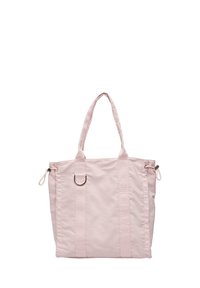 Roze stoffen draagtas met twee korte handvatten, een gestikt logodetail en trekkoorden aan de zijkanten. Zachte textuur en rechthoekige vorm.