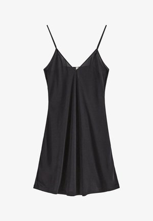 Svart ärmlös klänning med V-urringning, gjord av ett mjukt tyg, med en flytande silhuett och justerbara tunna axelband.