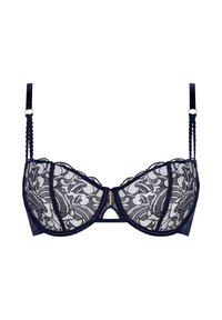 Soutien-gorge balconnet en dentelle bleu marine avec broderies florales, bonnets translucides, un fermoir doré à l'avant et des bretelles texturées décoratives.