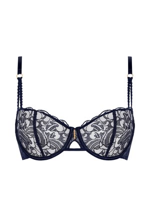 Soutien-gorge balconnet en dentelle bleu marine avec broderies florales, bonnets translucides, un fermoir doré à l'avant et des bretelles texturées décoratives.