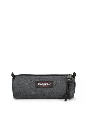 Gray pencil case with a textured fabric, features a zipper closure, and an Eastpak logo patch on the front. Compact cylindrical shape.