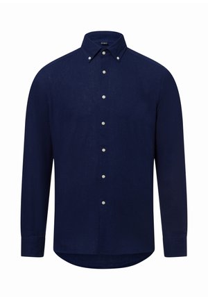 Marineblaue Langarmbluse aus strukturiertem Stoff mit einem Kentkragen und sechs Vorderknöpfen, featuring einen abgerundeten Saum und Manschetten.