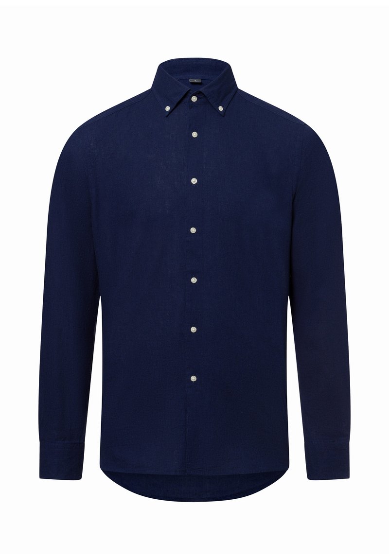 Marineblaue Langarmbluse aus strukturiertem Stoff mit einem Kentkragen und sechs Vorderknöpfen, featuring einen abgerundeten Saum und Manschetten.