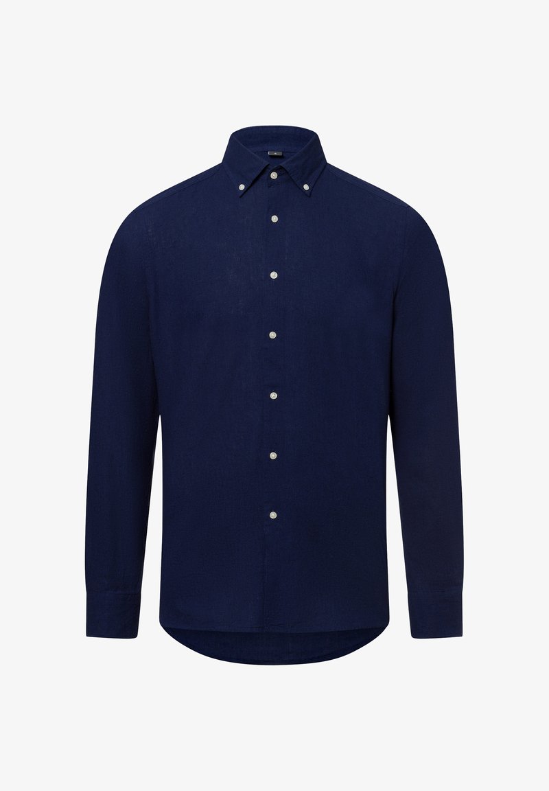 Marineblaue Langarmbluse aus strukturiertem Stoff mit einem Kentkragen und sechs Vorderknöpfen, featuring einen abgerundeten Saum und Manschetten.