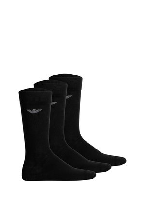 Three pairs of black crew socks with a small gray winged logo near the top cuff, displayed side by side on a white background.