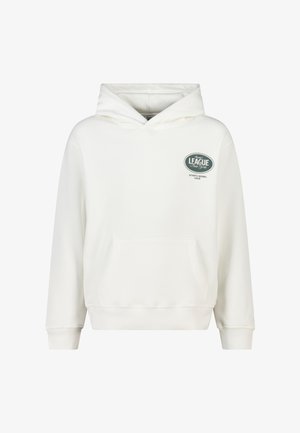 Witte hoodie met voorzak en klein groen logo met de tekst "League New York Authentic Baseball League" op de linkerborst.