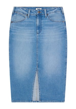 Hele sinine teksapliiatsseelik ees oleva lõhikuga, nööpidega sulgemisega, vöökandurite ja viie tasku disainiga.