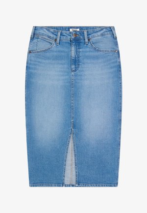 Gonna a matita in denim azzurro chiaro con spacco frontale, chiusura con bottoni, passanti per cintura e design a cinque tasche.