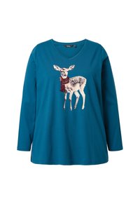 Türkises Langarmshirt mit V-Ausschnitt und einem Grafikdruck eines Rehkitzes, das einen roten Schal trägt, mittig auf der Brust.